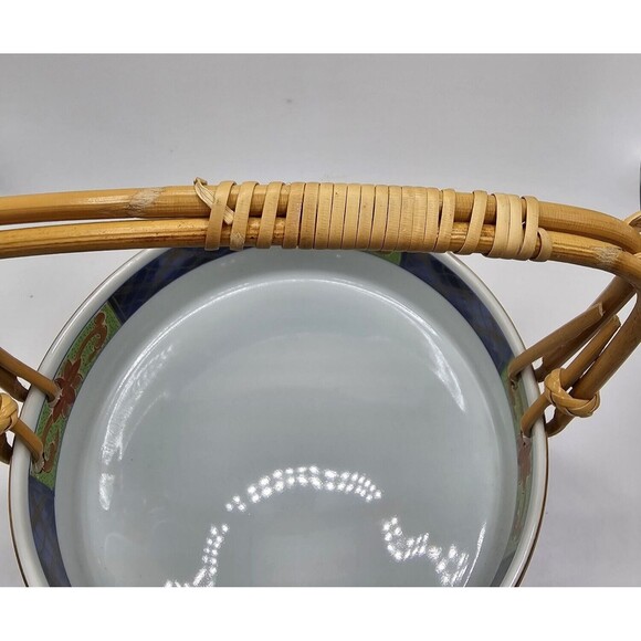 Vintage Takahashi Bowl Dish Bamboo Handles Japan Asian Ceramic Red Blue Floral - Picture 12 of 12